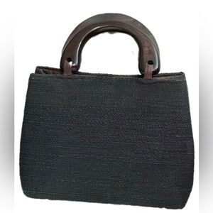 Vintage Black Woven Structured Handbag with Wooden Handles Minimalist Purse